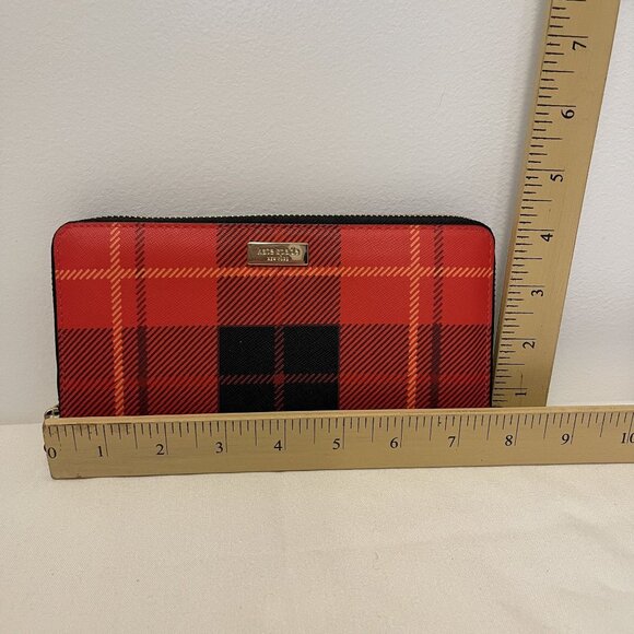 NWOT Kate Spade Red & Black Plaid Leather Zip-Around large Wallet Gold Hardware - Picture 4 of 4